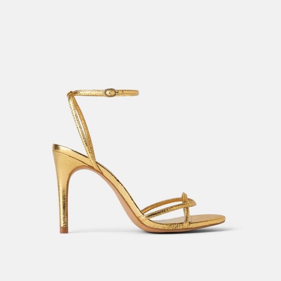 Zara HEELED SANDALS W/ THIN STRAPS Gold Size 6.5 - Picture 2 of 6